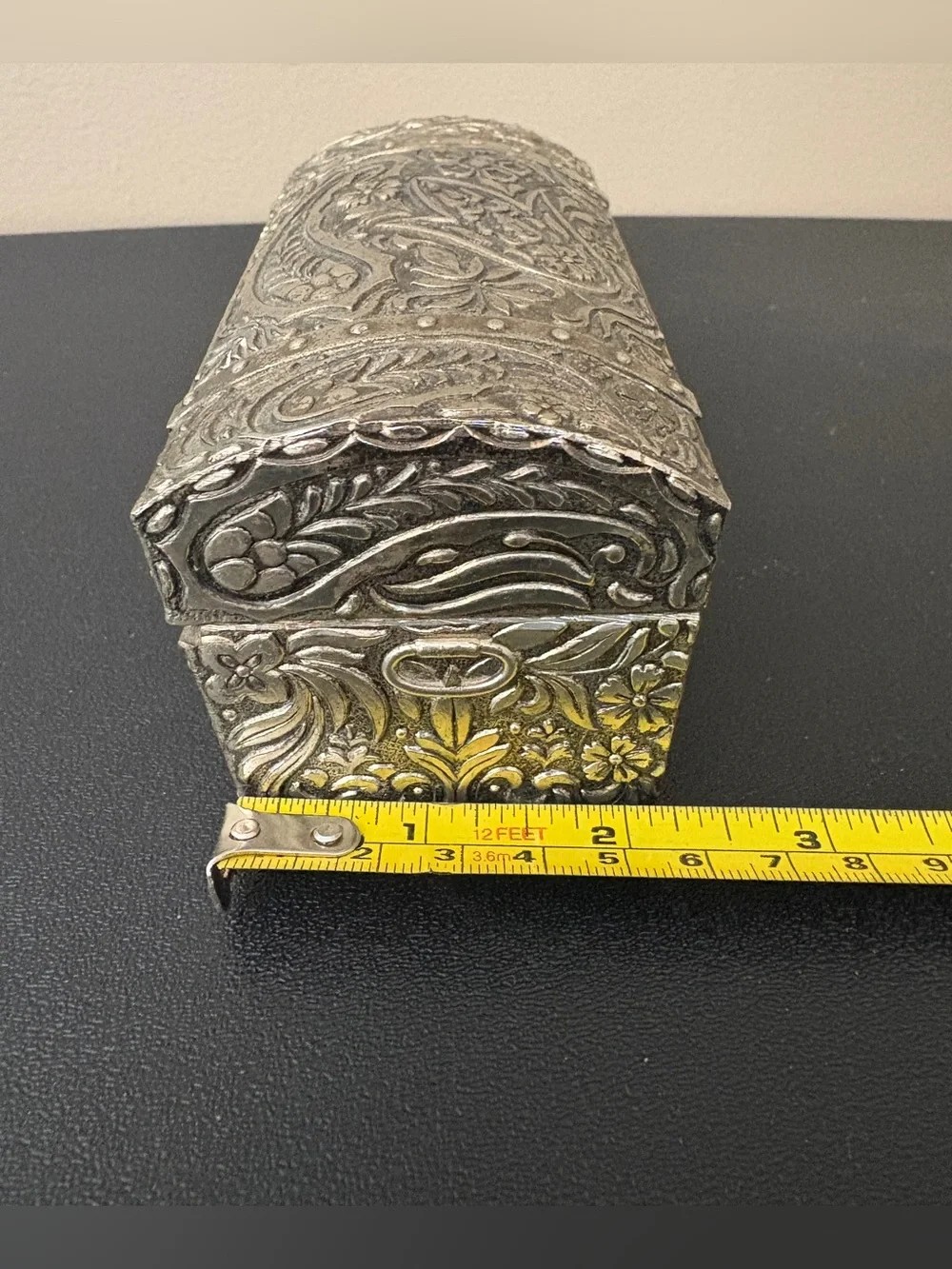 Decorative Silver-Tone Paisley Trinket Box with Red Interior